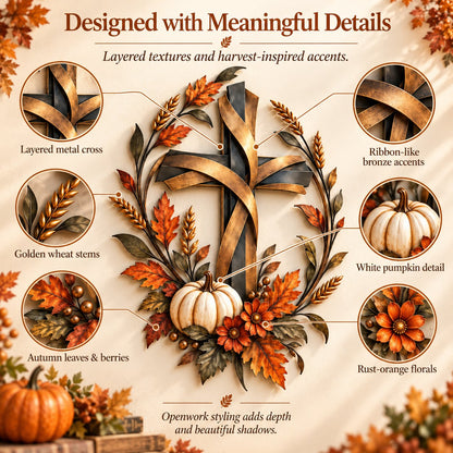 🔥LAST DAY 50% OFF -✝️🍂 Autumn Cross & Pumpkin Harvest Metal Wall Decor