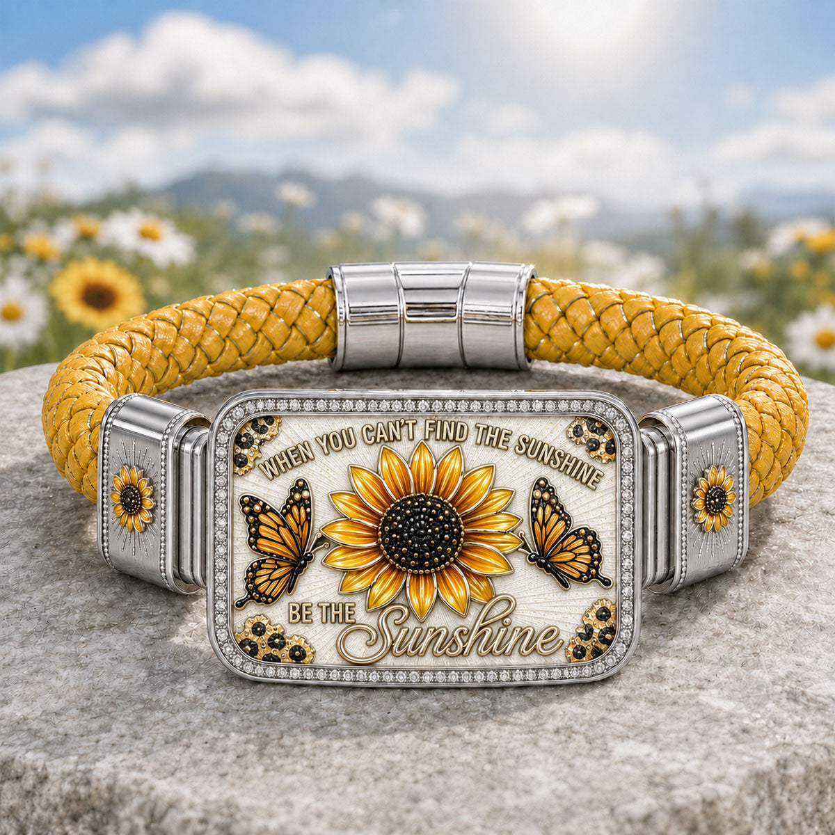 🌻“Be the Sunshine” Sunflower Butterfly Bracelet – Inspirational Handmade Braided Jewelry Gift