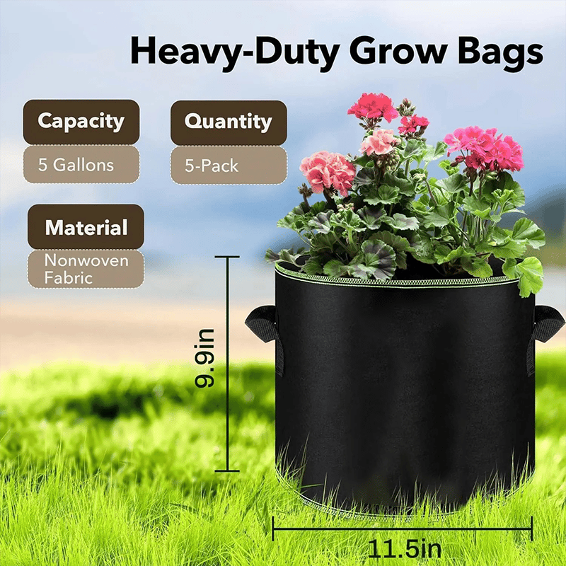 🌱 5-Pack 5 Gallon Grow Bags – Heavy Duty Aeration Fabric Pots with Handles for Vegetables, Flowers & Fruits