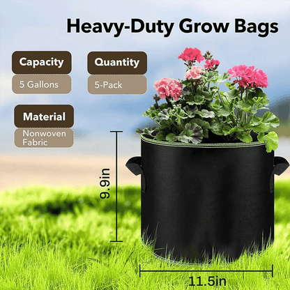 🌱 5-Pack 5 Gallon Grow Bags – Heavy Duty Aeration Fabric Pots with Handles for Vegetables, Flowers & Fruits