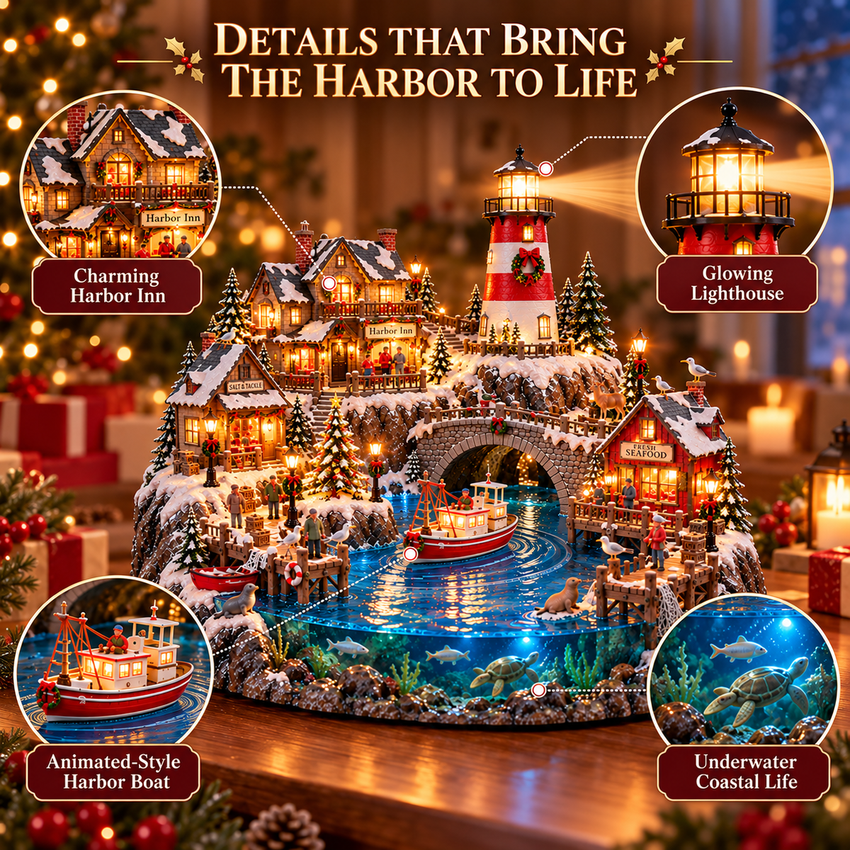 🔥 HOT SALE 49% OFF🔥 Harborlight Christmas™ — Lighted Coastal Village with Lighthouse, Fishing Boat & Underwater Scene ✨