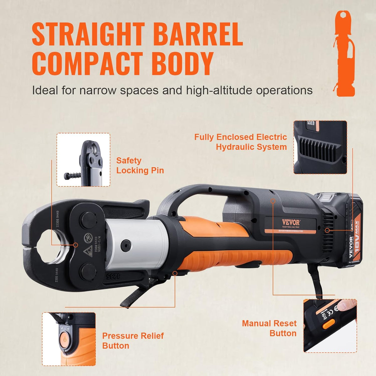 VEVOR 18V Electric Pipe Crimping Tool Press Tool Kit | 1/2' to 2' Copper Pipes, Compatible with ProPress, 6 VUS Press Jaws, 2pcs 4AH Battery & Fast Charger, Carrying Case