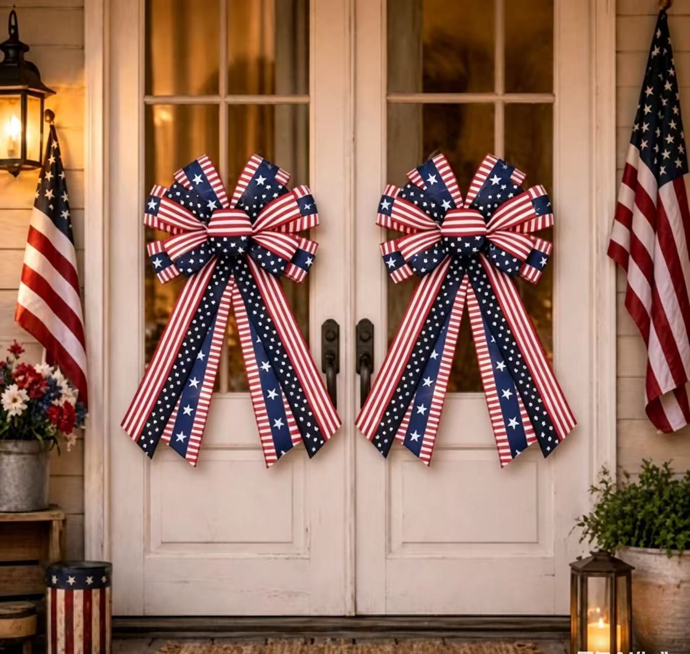 🔥 Buy 1 Get 1 Free🇺🇸 Patriotic Burlap Bow Rustic American Flag Wreath Decor