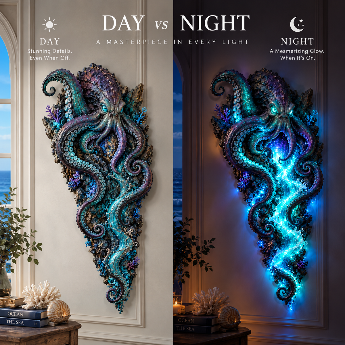 Abyssal Octopus wall art during day and night