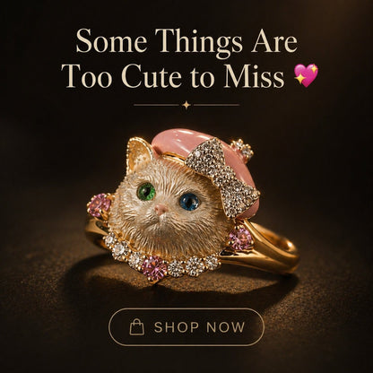 🐱💍Whimsical Pink Beret Cat Ring with Crystal Bow & Gemstone Eyes