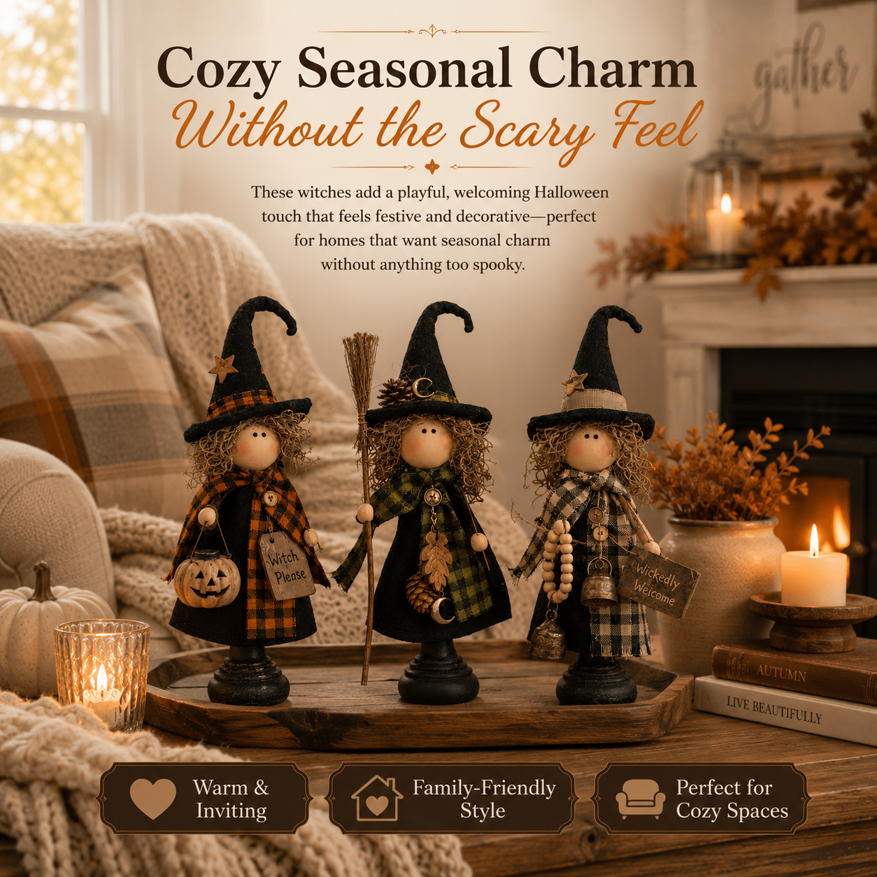 🎃 3-Piece Halloween Witch Figurine Set – Rustic Farmhouse Tabletop Decorations for Fall Home Decor