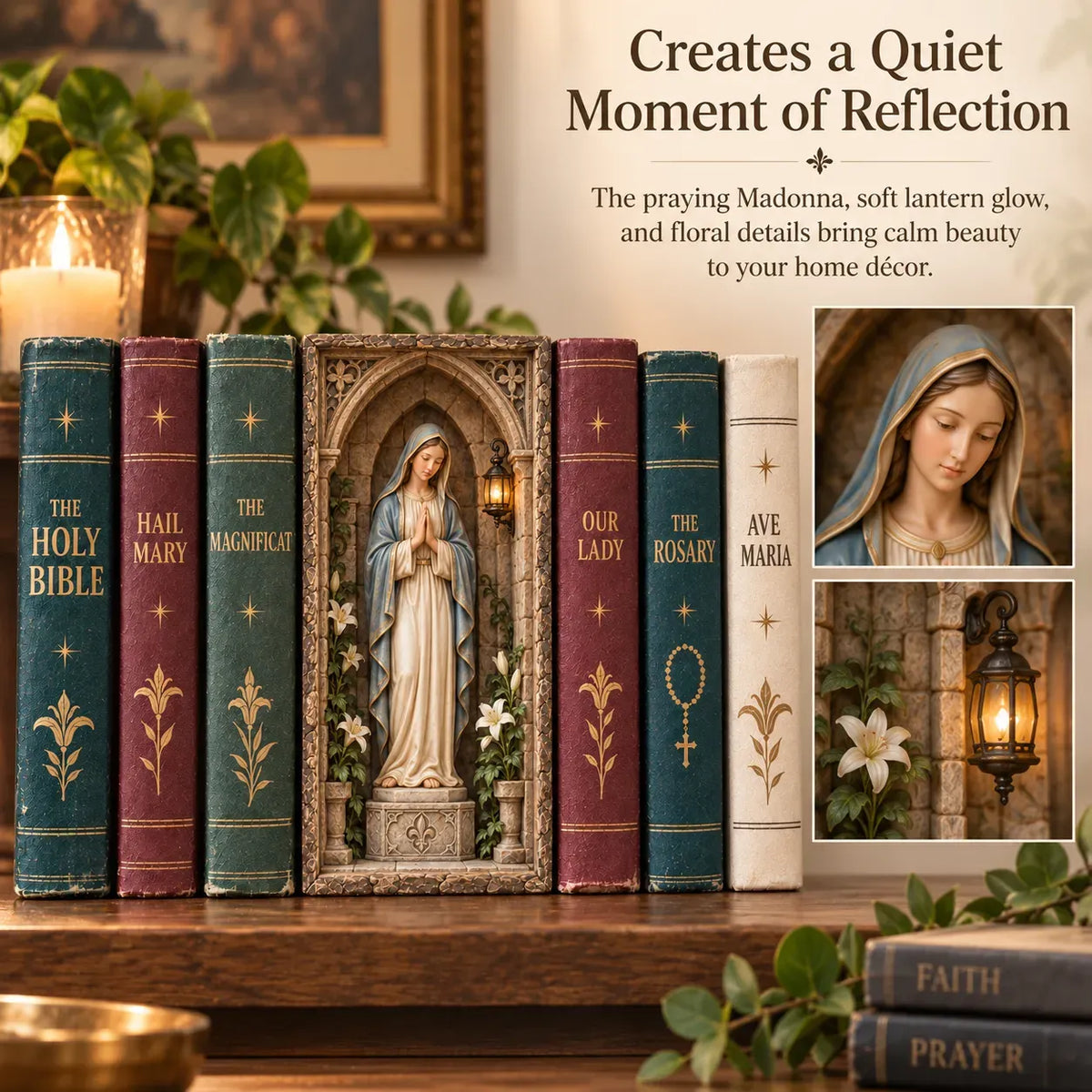 ⏳ Last Day 49% OFF –🙏 Virgin Mary Lighted Book Nook – Sacred Chapel Bookshelf Decor