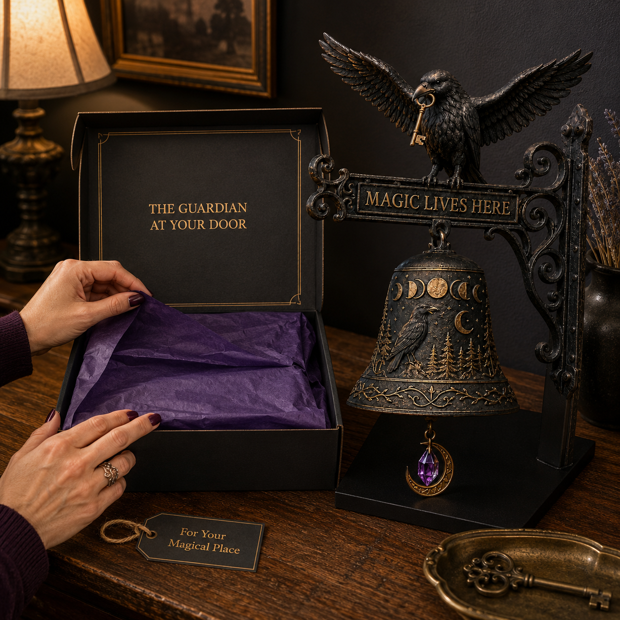 🐦‍⬛🔔 Enchanted Raven Bell – Gothic “Magic Lives Here” Door Decor