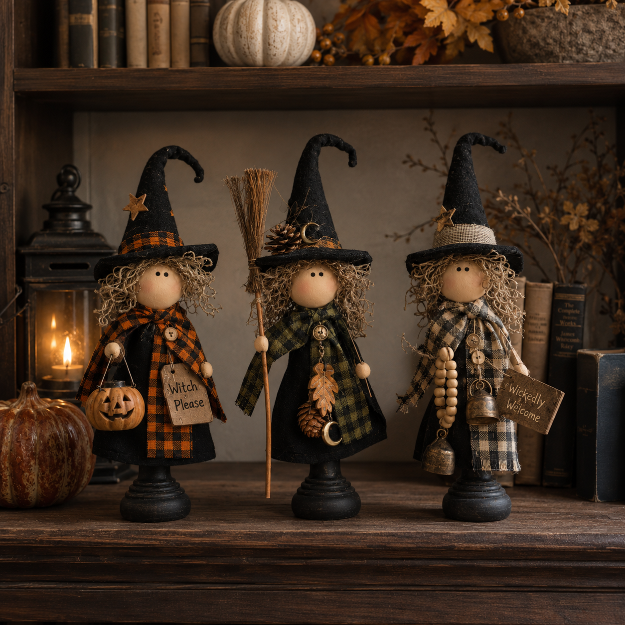 🎃 3-Piece Halloween Witch Figurine Set – Rustic Farmhouse Tabletop Decorations for Fall Home Decor