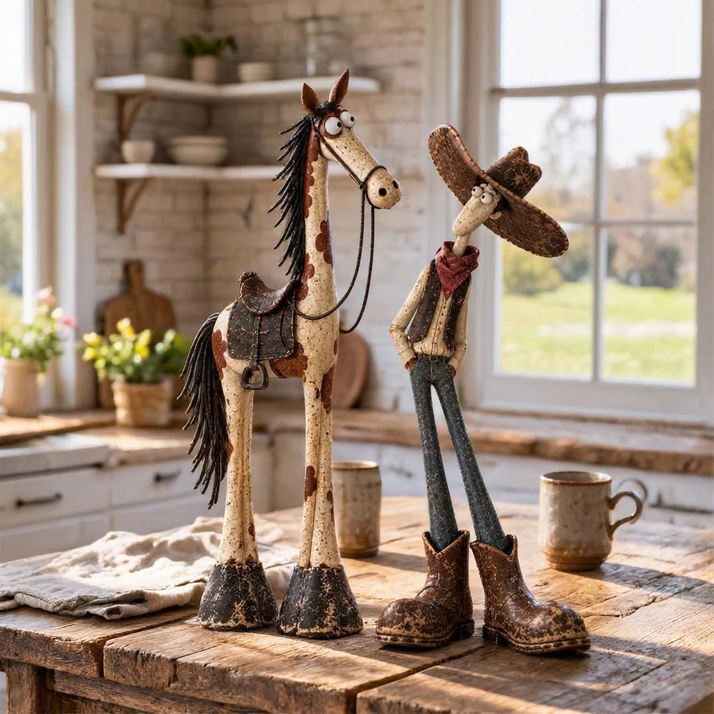 🤠🐴Whimsical Western Cowboy & Horse Figurine Duo - The Perfectly Odd Western Duo