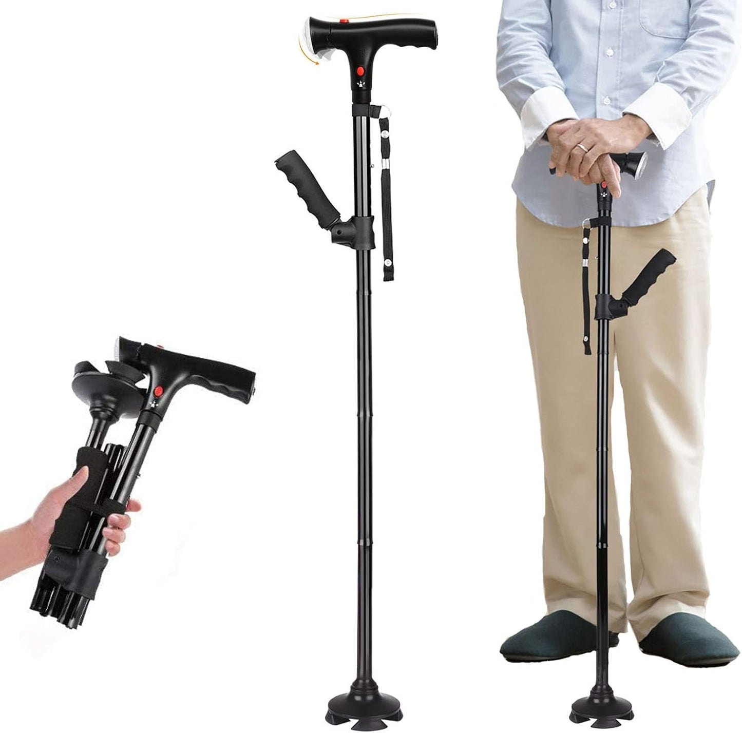 2026 New Smart Walking Cane, Upgrade Smart Walking Canes for Men Women with Alarm, with Light, Foldable Dual Handles, Adjustable Canes for Elderly