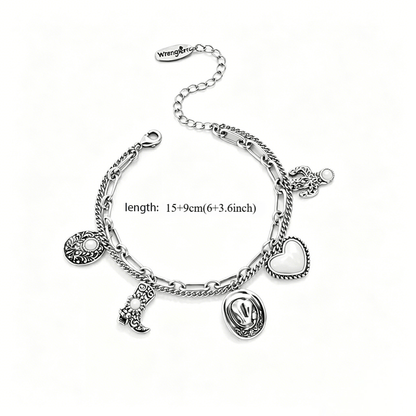 🏇🤠Western Cowgirl Charm Bracelet – Boot, Hat, Cactus & Heart Charms🌵
