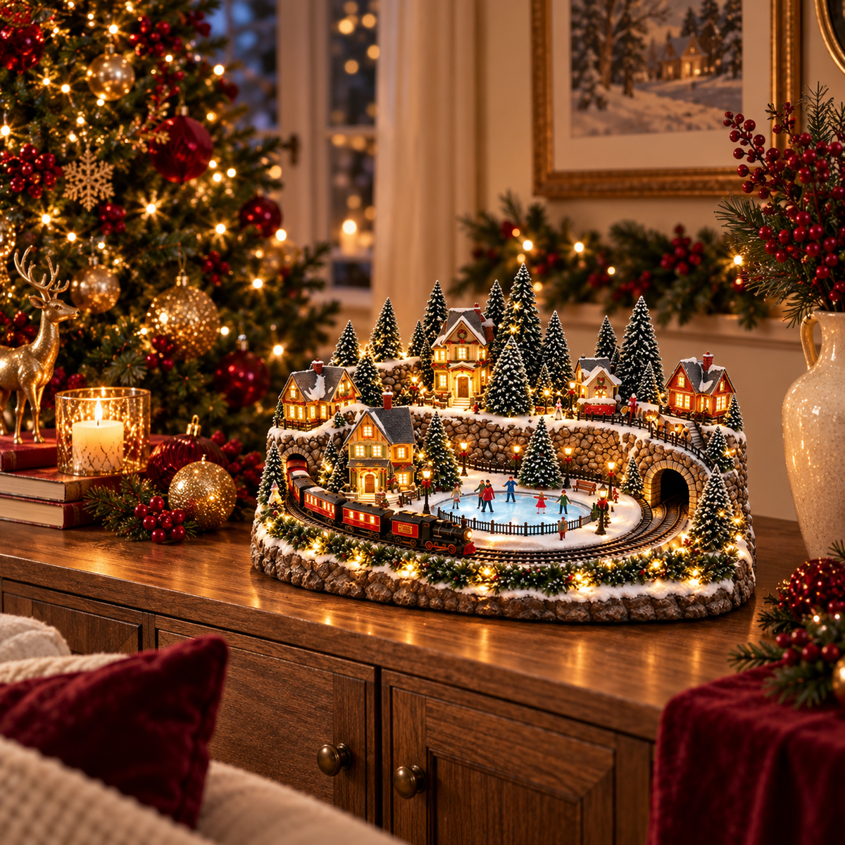 🔥 LAST DAY 49% OFF 🚂 Animated Christmas Holiday Train & Ice Rink Village with Music and LED Lights ❄️