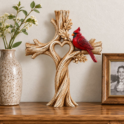 🔥LAST DAY 49% OFF -🐦Cardinal Heart Tree Cross – Hand-Carved Solid Wood Decor