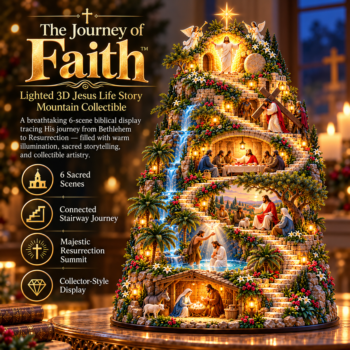 ✝️ “The Journey of Faith™” — A 3D “Life of Jesus” mountain display featuring integrated lighting and six sacred biblical scenes.