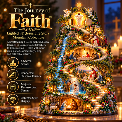 ✝️ “The Journey of Faith™” — A 3D “Life of Jesus” mountain display featuring integrated lighting and six sacred biblical scenes.