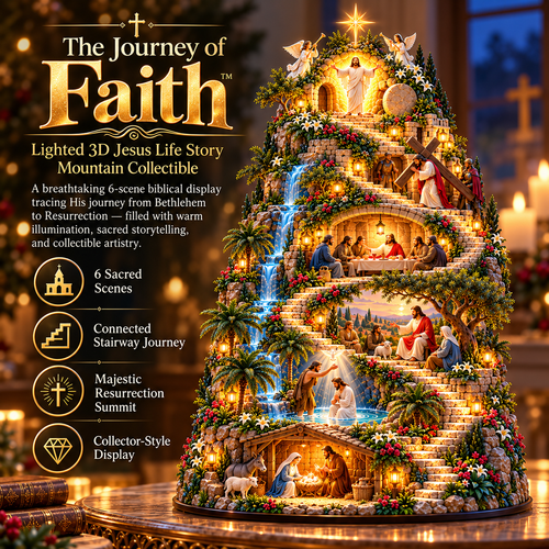 ✝️ “The Journey of Faith™” — A 3D “Life of Jesus” mountain display featuring integrated lighting and six sacred biblical scenes.