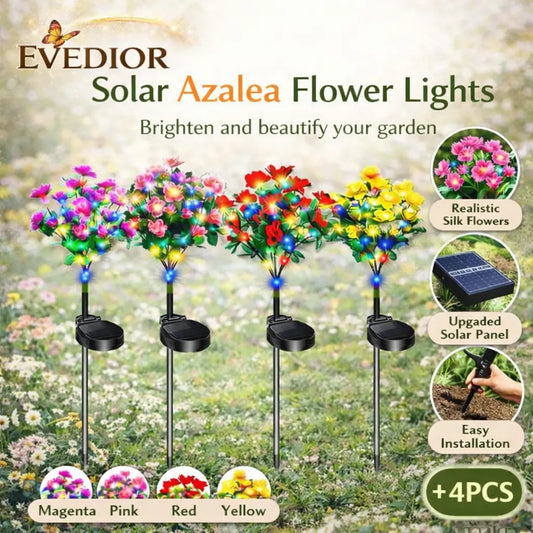 Solar Azalea Flower Lights 4 Pack IP65 Waterproof Realistic Multi-Color Stakes for Grave Garden Decor Memorial Cemetery Lights