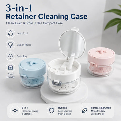 🎁Hot Sale Promotion 49% OFF🔥3-in-1 Leak-Proof Retainer Cleaning Case with Mirror, Drain Tray & Travel Storage