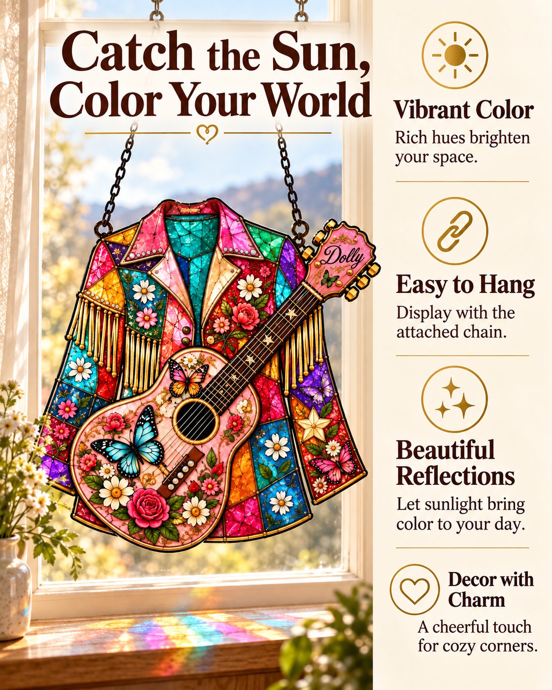 ⏰ LAST DAY 49% OFF - 💃 Handmade Dolly Parton “Coat of Many Colors” Stained Glass Suncatcher