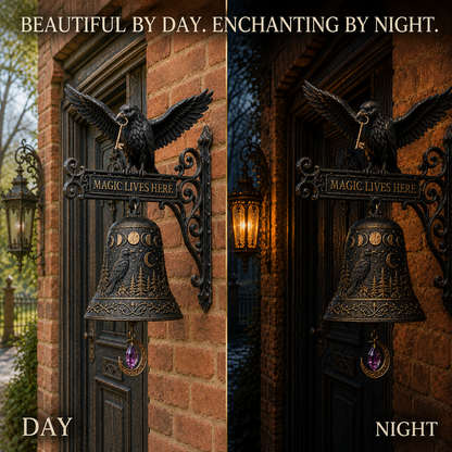 🐦‍⬛🔔 Enchanted Raven Bell – Gothic “Magic Lives Here” Door Decor