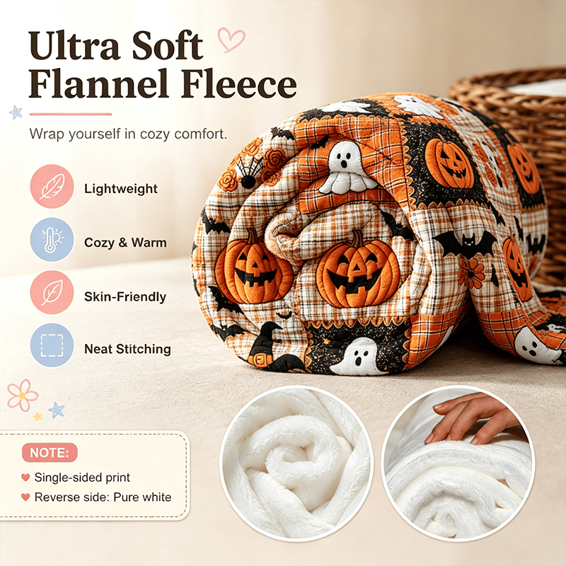 🎃Halloween Pumpkin & Bat Flannel Throw Blanket, Soft Lightweight Cozy Blanket for Sofa & Bed