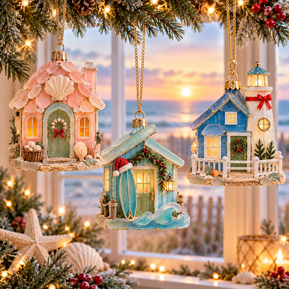 🌊 2026 Coastal Christmas Cottage Ornaments – Set of 6 Beach House Holiday Keepsakes