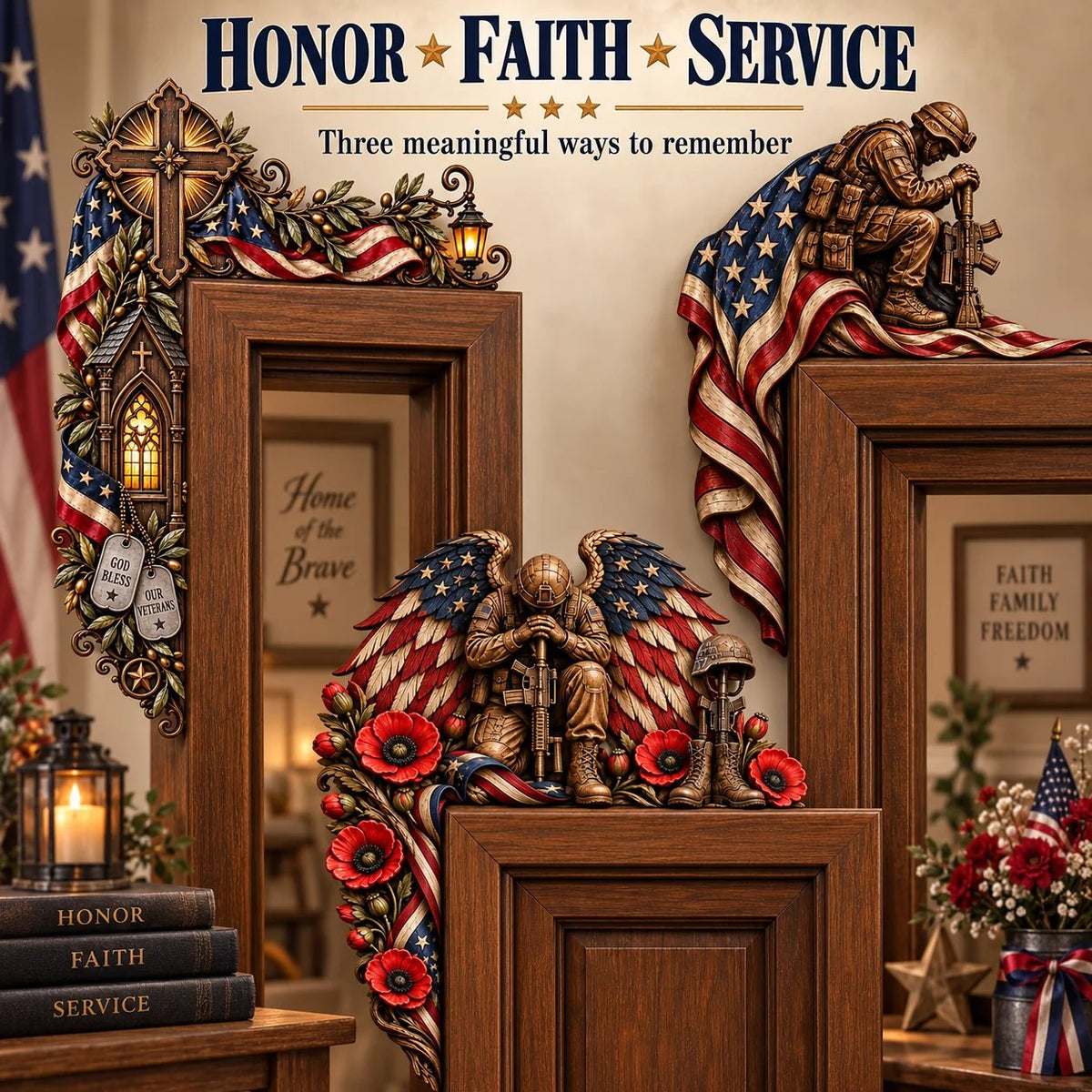 ⏳ Last Day 49% OFF –❤️‍🔥Patriotic American Flag & Cross& Veteran Door Frame Corner Decor