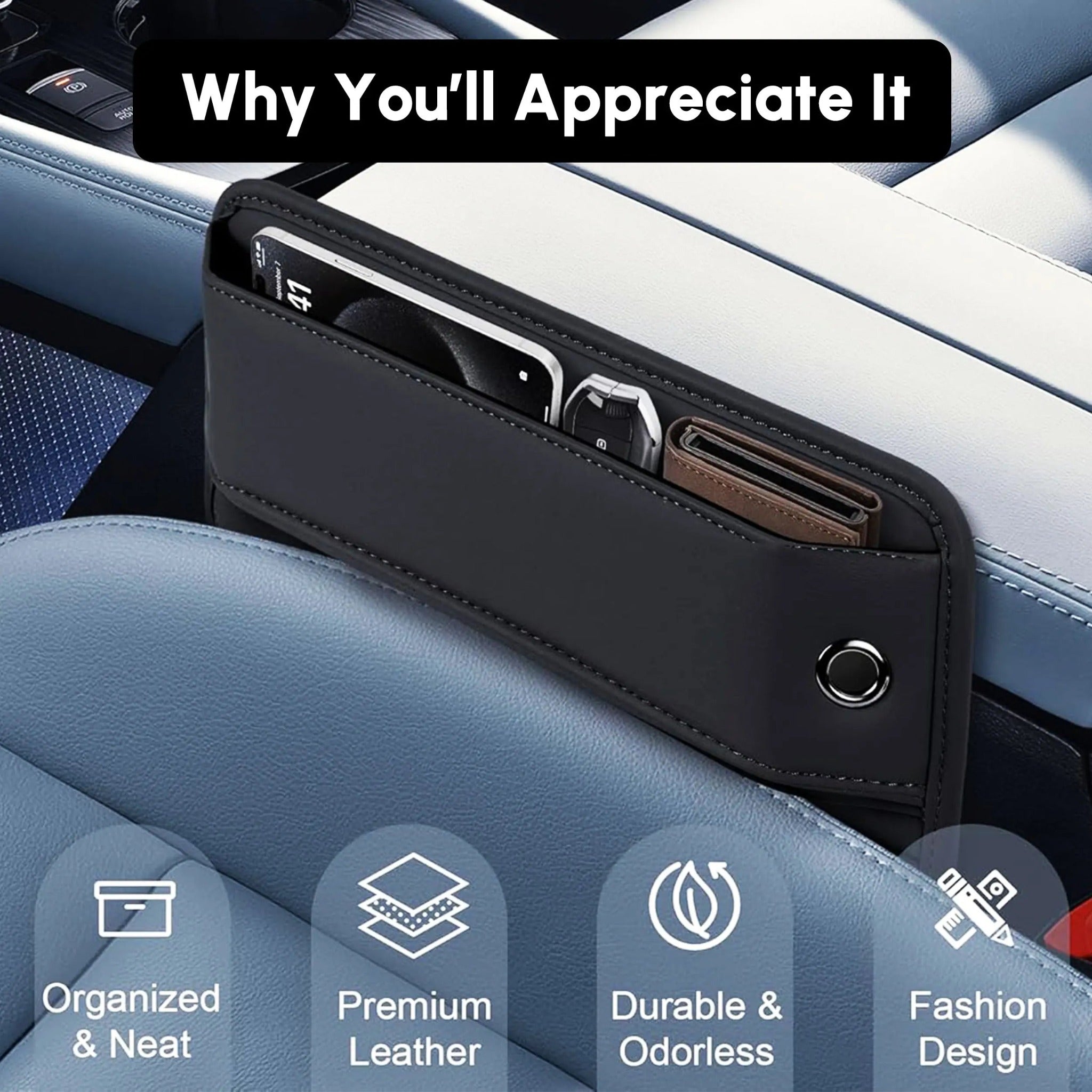 Car seat gap organizer holding phone and wallet