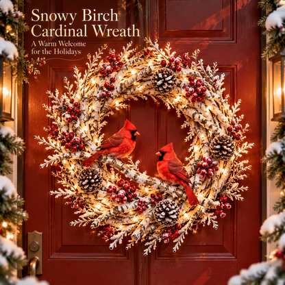🔥 LAST DAY 49% OFF 🔥 Snowy Birch Cardinal Wreath™ – Lighted Christmas Door Wreath with Paired Red Cardinals, Berries & Pinecones ❤️🎄✨