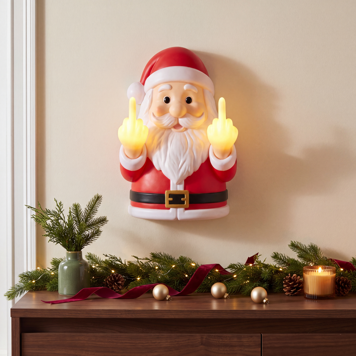 Light-Up Middle Finger Santa Wall Décor