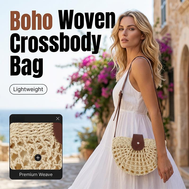 🌿 Boho Woven Half Moon Crossbody Bag for Women Summer Beach Purse