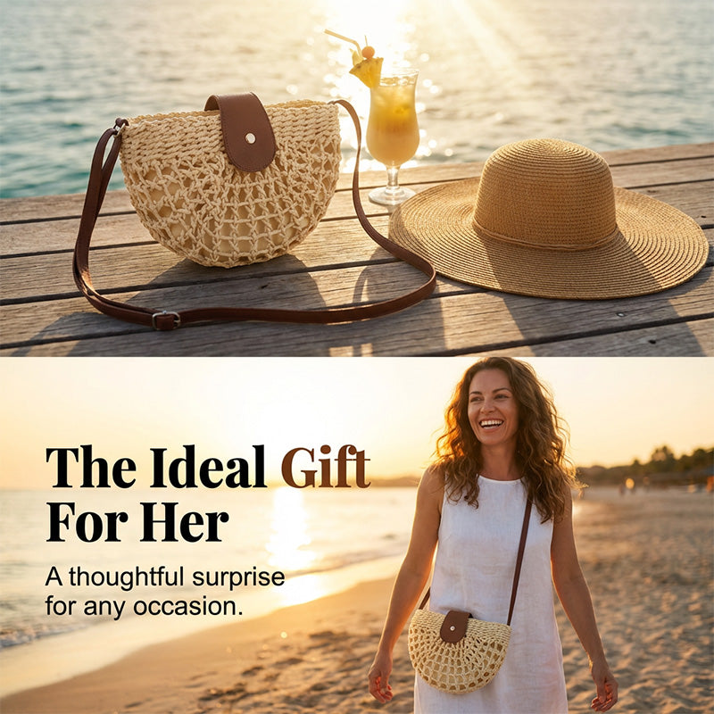🌿 Boho Woven Half Moon Crossbody Bag for Women Summer Beach Purse