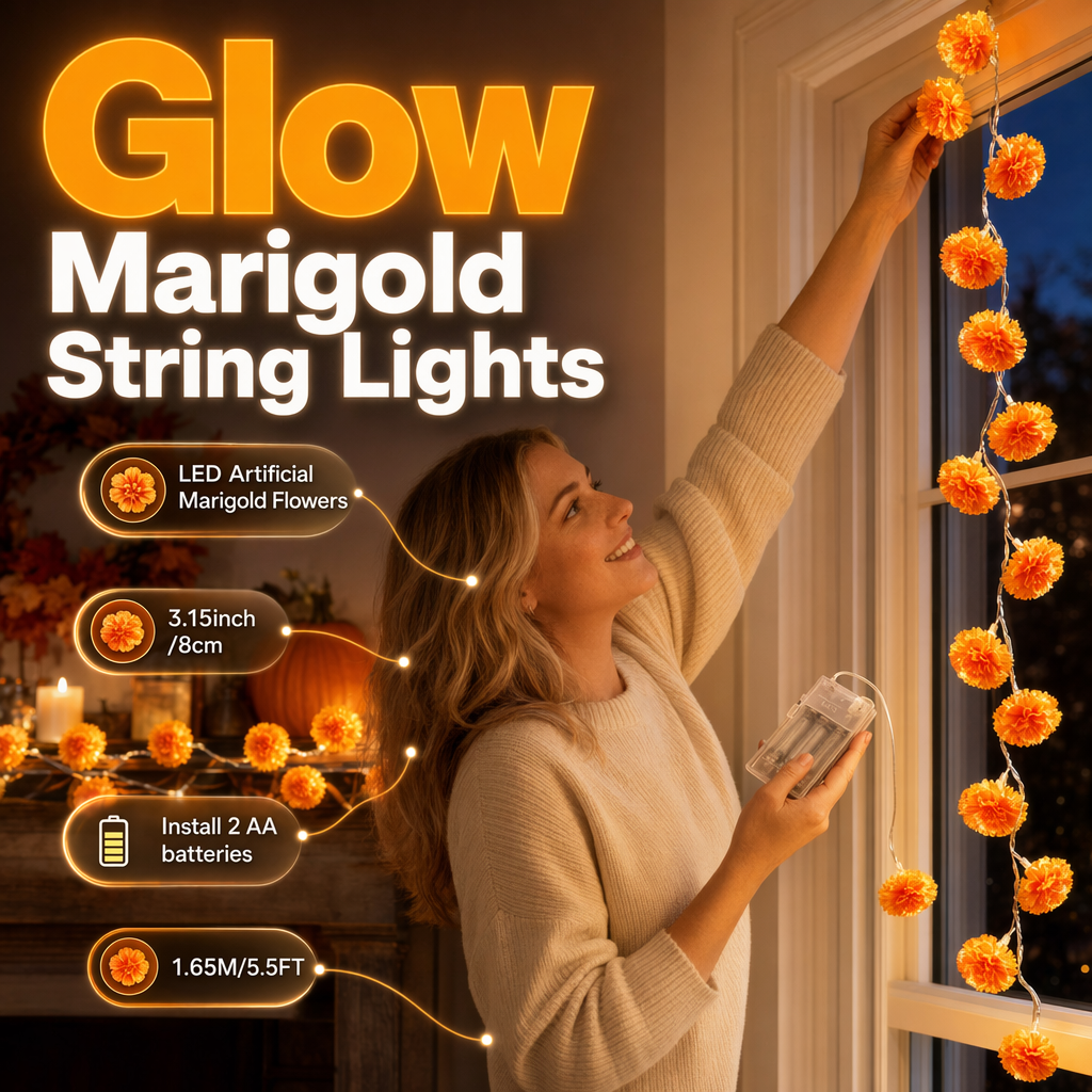 🌼Limited Time 50% Off! 🎃Artificial Marigold Flower LED String Lights – Waterproof 8 Lighting Modes, 20 LEDs Battery Powered, Decor for Halloween, Day Of The Dead Altar, Porch & Indoor Festival Decor