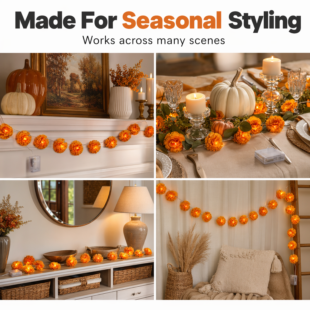 🌼Limited Time 50% Off! 🎃Artificial Marigold Flower LED String Lights – Waterproof 8 Lighting Modes, 20 LEDs Battery Powered, Decor for Halloween, Day Of The Dead Altar, Porch & Indoor Festival Decor
