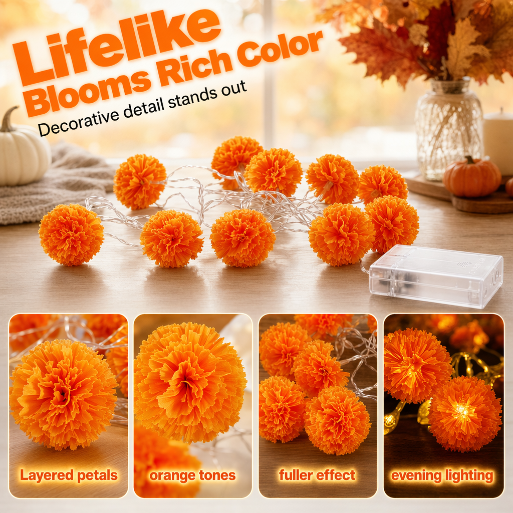 🌼Limited Time 50% Off! 🎃Artificial Marigold Flower LED String Lights – Waterproof 8 Lighting Modes, 20 LEDs Battery Powered, Decor for Halloween, Day Of The Dead Altar, Porch & Indoor Festival Decor